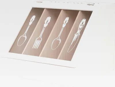 Produktbild von Besteckkasten mit Klappdeckel – Rustikaler Shabby Chic Organizer aus Balsaholz, 4 Fächer, 26x30x24 cm – Praktische Besteckaufbewahrung für Küche, Buffet, Party, Einweihung– Cremeweiß/Natur