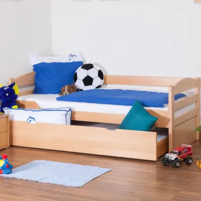 Produktbild von Kinderbett / Jugendbett "Easy Premium Line" K1/h/s inkl. 2. Liegeplatz und 2 Abdeckblenden, 90 x 200 cm Buche Vollholz massiv Natur