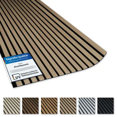 Produktbild von AKUSTIKO Lamella Akustikpaneele 4 Stück 280x60cm - flexible Filz MDF Wandpaneele fugenlos - überlappende Holz Lamellenwand Raumgestaltung - Akustik Wandverkleidung (6.72m² Light Oak)
