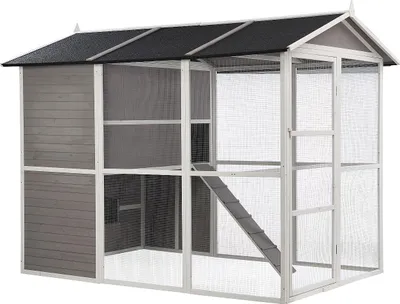 Produktbild von Holzstall mit Auslauf - 10 Hennen - L 266 x B 174 x H 205 cm - Weiß - FERAS