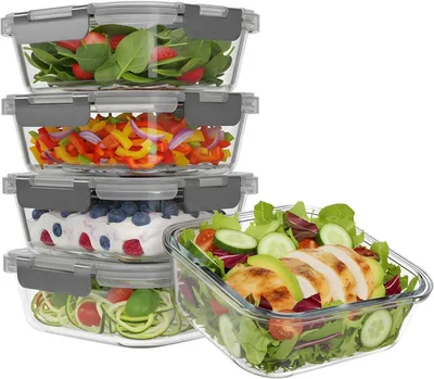 Produktbild von KitchenBrothers Meal Prep Boxen - Glas Frischhaltedosen - Luftdicht - BPA-frei - 1L - Glas - 5 Stück
