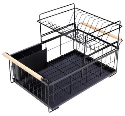 Image de Support d'égouttage pour vaisselle - Égouttoir à vaisselle avec bac de récupération - 2 niveaux - Métal - 48 x 29 x 28,5 cm - Noir
