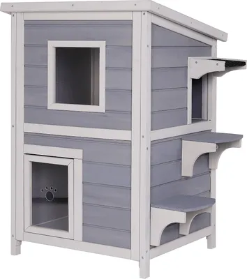 Immagine prodotto di casetta per gatti lionto su 2 piani, casetta in legno per interni ed esterni, resistente alle intemperie con tetto in bitume e gattaiola, grigio-bianco