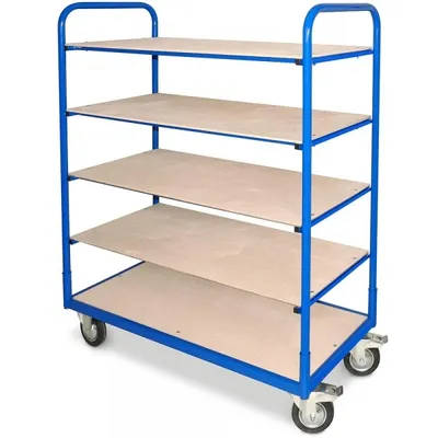 Produktbild von Etagenwagen mit 5 Ebenen, BxTxH 1310x580x1545 mm, 4 Lenkrollen, 2 Rollen mit Feststellbremse