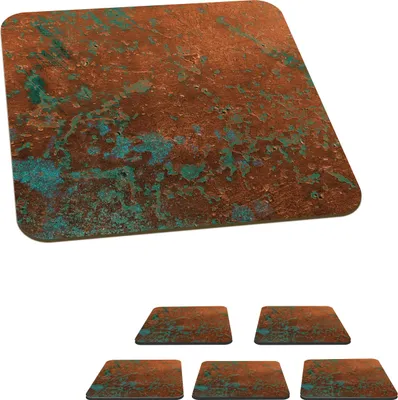 Obrázok produktu pre MuchoWow® Sklenený podtácek Štvorcová sada 6 kusov Oceľový plech - tyrkysová - hrdza 10x10x0.3cm Podložky pod poháre - podložky pod nápoje - ochrana