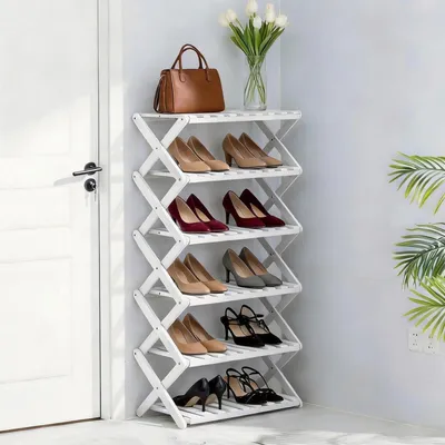 Image de Étagère à chaussures en bambou, 6 niveaux, blanche, 49x26x113 cm, pliable, sans montage