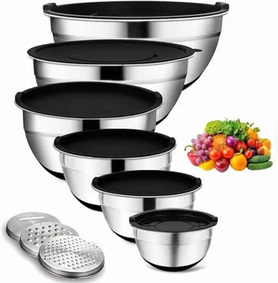 Produktbild von PromoHome® Edelstahl Rührschüsselset 6-teilig mit Deckeln und Reibeinsatz, Schüsselset für die Küche, Silikonboden, Inhalt 4,7L / 3,8L /