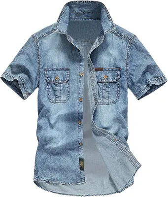Produktbild von Kurzärmliges Jeanshemd für Herren als Sommerhemd aus Denim mit Druckknöpfen, in Hellblau oder Dunkelgrau, mit normaler oder schmaler Passform und Used-Optik