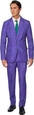 A man wearing a purple pinstripe suit with a green tie.