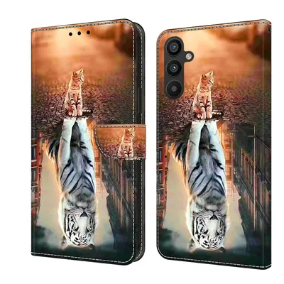 Produktbild von CLM-Tech Handyhülle kompatibel mit Samsung Galaxy A57 5G Hülle - Tasche aus Kunstleder - Klapphülle mit Ständer und Kartenfächern - Schutzhülle Wallet Case Cover Katze weißer Tiger