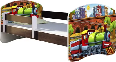 Produktbild von ACMA Jugendbett Kinderbett Junior-Bett Komplett-Set mit Matratze Lattenrost und Rausfallschutz Wenge 44 Lokomotive 140x70