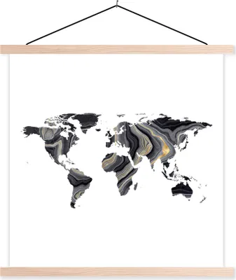 Produktbild von MuchoWow® Textilposter Weltkarte - Gold - Schwarz und weiß 40x40 cm mit holzfarbenen Rahmen - Posterleiste