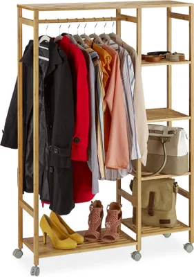 Produktbild von Rollgarderobe aus Bambus, 135x32,5x11 cm, mit Bremsen, 6 Ablagen und stabiler Kleiderstange
