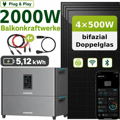 Produktbild von Balkonkraftwerk 2000Wp mit 5,12kWh Speicher, 4x500W bifaziale Glas-Glas Solarmodule, MARSTEK Jupiter C Plus mit Erweiterungsakku