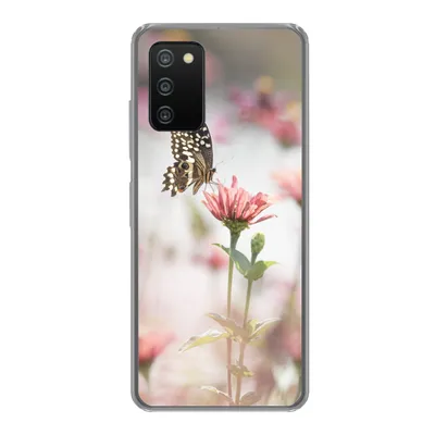 Produktbild von MuchoWow® Handyhülle Schutzhülle Hülle für Samsung Galaxy A03s Schmetterling - Blume - Rosa Silikon Softcase Handy Hülle - Schutz
