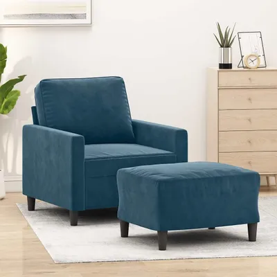 Obrázek produktu pro Modré křeslo s podnožkou, výška 60 cm, potažené sametem, moderní design, čalouněné, kovová konstrukce, křeslo do obývacího pokoje, maximální nosnost 110 kg