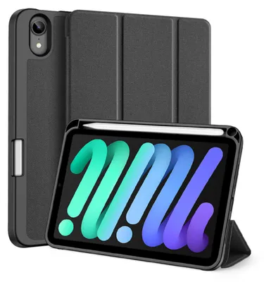 A black tablet case with a stand and stylus holder is shown, with a tablet inside displaying a colorful wallpaper.