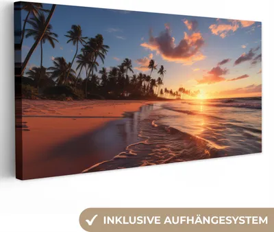 Produktbild von MuchoWow® - Leinwandbilder - Sonnenuntergang - Meer - Horizont - Strand - Palmen, Wandbild, Wanddeko Bilder Wohnzimmer, 80x40 cm