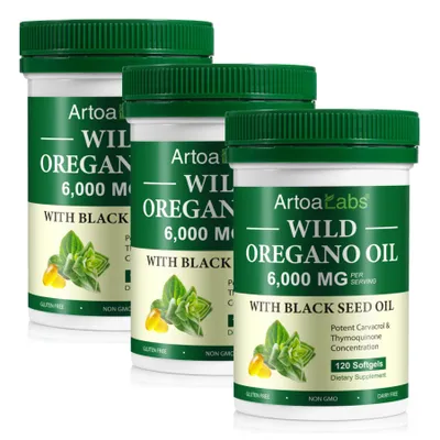 Produktbild von Wildes Oregano Öl 6000mg Schwarzkümmelöl Carvacrol Thymochinon Hochdosiert 3x 120 Softgels