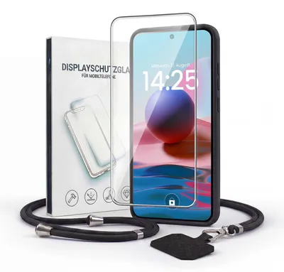 Produktbild von Handyhülle für Xiaomi Redmi Note 10 mit Handykette und 9H Displayglas Displayschutz Band Kordel Hülle Case Schutzhülle Schwarz