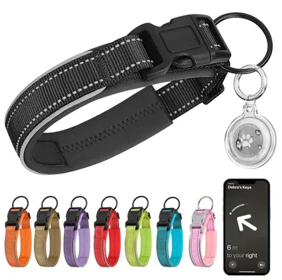 Produktbild von Hundehalsband mit AirTag Hülle, Reflektierend, Verstellbar, Nylon, Schwarz XL