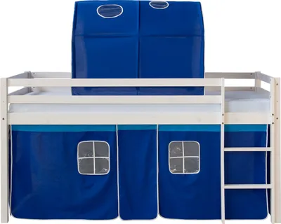 Produktbild von Homestyle4u Hochbett 90x200 mit Rutsche Set mit Matratze ® Standard 100 Tunnel Vorhang Blau Junge Kinderbett Weiß Holz Kiefer Massiv Lattenrost Spielbett