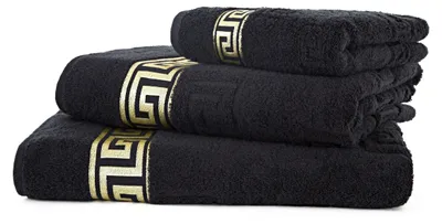 Produktbild von 3tlg. Luxus Medusa Saunatuch Badetuch Handtuch Set - Schwarz - Frottee - Goldene Bordüre