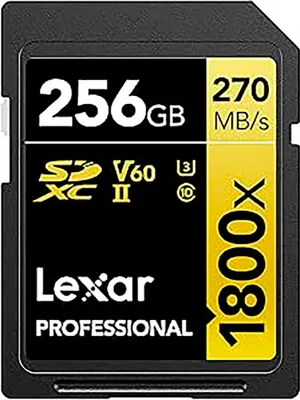 A close-up, front-facing view of a Lexar Professional 256GB SDXC UHS-II memory card.