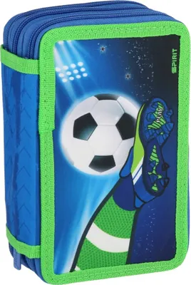 Produktbild von SPIRIT Schüler Etui 28 teilig 3-Zipper Mäppchen FUSSBALL blau grün