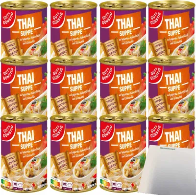 Produktbild von Gut & Günstig Thaisuppe mit feinem Hühnerfleisch und typisch asiatischen Glasnudeln 12er Pack (12x400ml Dose) + usy Block
