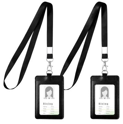 Image de Porte-badge avec cordon et porte-cartes, 2 porte-badges en cuir avec cordon, porte-cartes vertical avec cordon, pour usage professionnel, salons, bureau, école (noir)