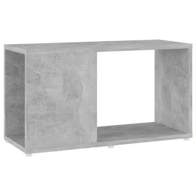 A concrete-effect TV stand with two open compartments.