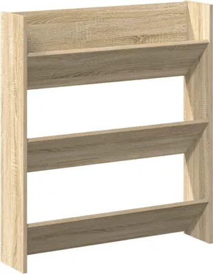 A three-tiered wooden shoe rack against a white background.