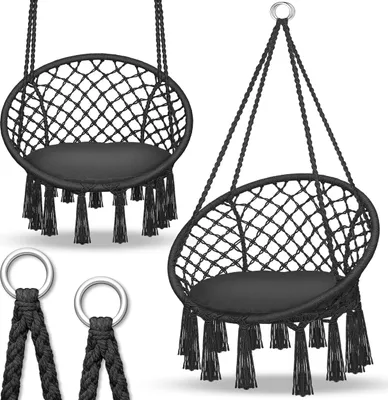 Produktbild von tillvex Hängesessel Schwarz 150kg zum Aufhängen | Hängestuhl Indoor & Outdoor | Hängekorb wetterfest | Schaukelkorb mit Kissen