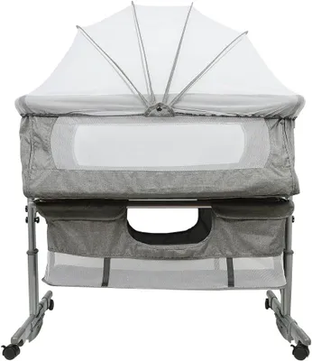 Produktbild von Babybett und Babywiege als Beistellbett mit Rollen, Matratze und Moskitonetz, Reisebett für Babys von 1 bis 36 Monaten, Matratzenstärke 2 cm (Grau C 92×58×(70-90) cm)