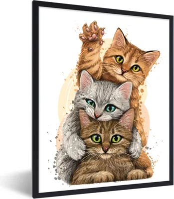 Produktbild von MuchoWow® Gerahmtes Poster Katzen - Illustration - Haustiere - Katze 60x80 cm - Poster mit Schwarzem Bilderrahmen Wandposter Rahmen Foto Bilder - Premium - Wanddeko Wohnzimmer