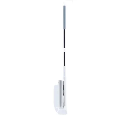 A white mop with a gray handle is shown against a white background.