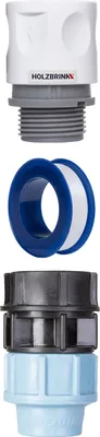 Produktbild von HOLZBRINK Set zum Anschluss von Verlegerohr 25mm an den Wasserhahn: 1x Schnellanschluss 20mm, 1x Verbindung PE 20mm auf 25mm, 1x Teflonband
