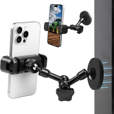 Obrázek produktu pro Magnetický držák na mobilní telefony, otočný o 360°, vhodný pro telefony o velikosti 3,5–7,5 palců, s dvojitým ramenem, robustní, určený pro automobily a kovové povrchy