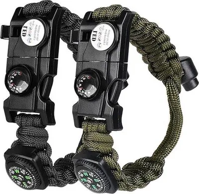 Produktbild von Überlebensarmband-Set mit Kompass, Multitool, LED-Licht, Feuerzeug, Pfeife und Paracord