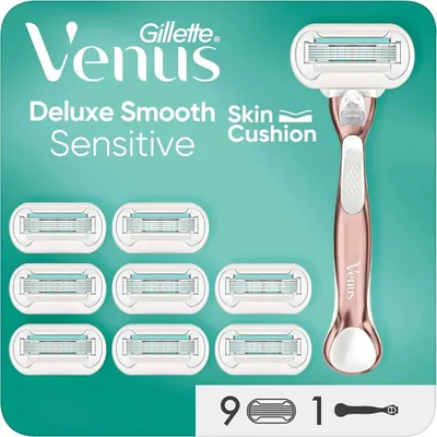 Image de Gillette Venus Deluxe Smooth Sensitive Rasoir femme, rasoir femme + 9 lames de rasoir à 5 tranchants, cadeau pour femme