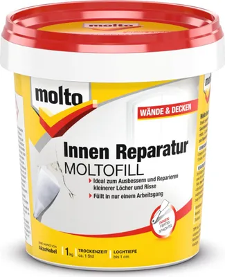 Produktbild von Molto Innen Reparatur Moltofill, Weiß, Fertig gemischt, 1 kg, Paste (Substanz), Spachtel, Beton, Putz, Gipskarton, Hartschaum, Stein