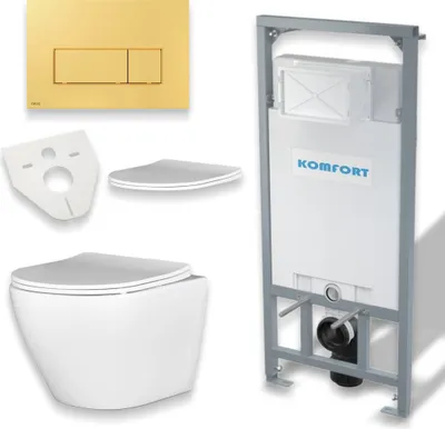 Produktbild von BADLAND WC Set: Vorwandelement C201 inkl. Wand Tiefspül WC Desna Weiß + Betätigungsplatte Gold M571 + Slim WC-Sitz mit Soft-close + Schallschutzmatte