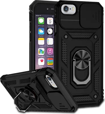 Image de Étui pour iPhone 6/6s/7/8/iPhone SE 2020 étui double couche avec couvercle coulissant pour appareil photo et anneau de support noir