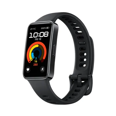 A black smartwatch with a black strap is shown against a white background. The watch face displays the time, date, battery percentage, temperature, and activity tracking rings.