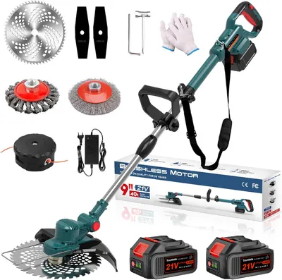 Produktbild von Akku Rasentrimmer 750W, 2×4,0Ah Akkus, Bürstenloser Freischneider mit TAP-N-GO, Teleskopstiel, Unkrautbürste und Sägeblatt, Teleskopstange