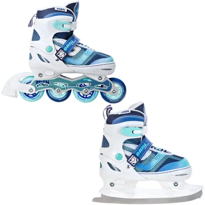 A collage of two images showing a pair of roller skates and a pair of ice skates.