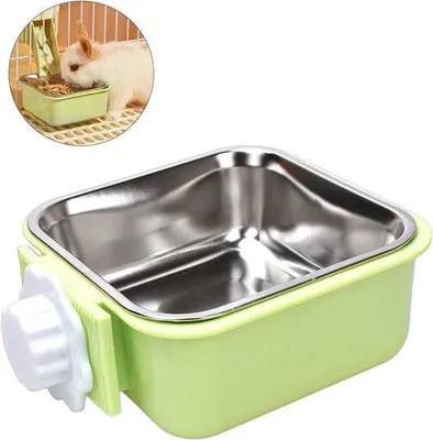 Produktbild von Tierfutterstation 2 in 1 mit Edelstahlfutter- und Wassertränke, abnehmbar, für Katzen, Hunde, Kaninchen, Cavia, Echsen, Vögel, grün