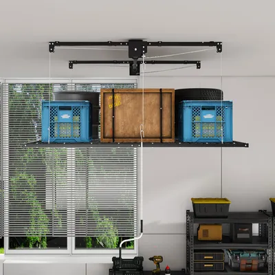 Obrázek produktu pro Regál na strop, rozměry 120 x 240 cm, s mechanismem pro snadné ovládání, nosnost 136 kg, vhodný pro výšku stropu 3–3,6 metru, ocelová konstrukce s mechanickým bezpečnostním zámkem