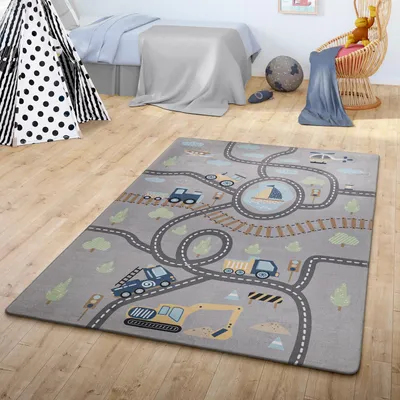 Produktbild von TT Home Kinderzimmerteppich Junge Mädchen Kinderteppich Mit Fahrzeugen Straße Schiene Größe 155x230 cm